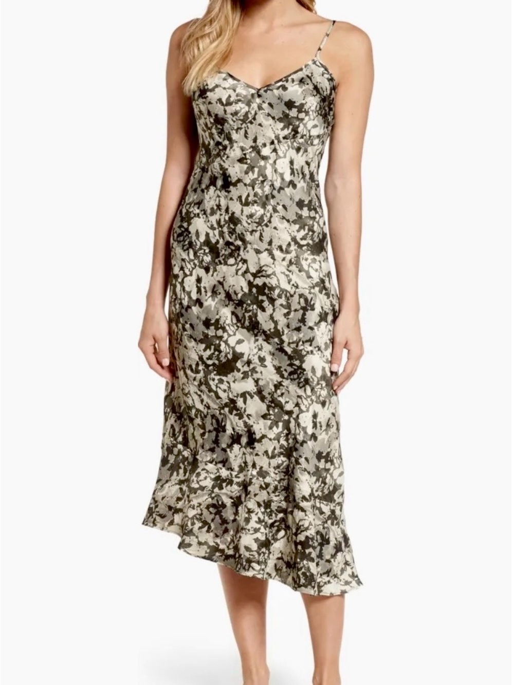 Kenneth Cole NY Camo Floral Satin Asymmetrical Midi Slip Dress Grunge Medium